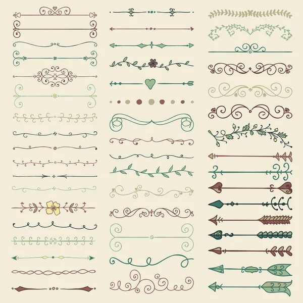 Divisores dibujados a mano coloridos del vector, flechas, remolinos — Vector de stock