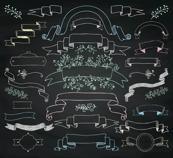 다채로운 분필 드로잉 리본, 배너, Florals 벡터 — 스톡 벡터