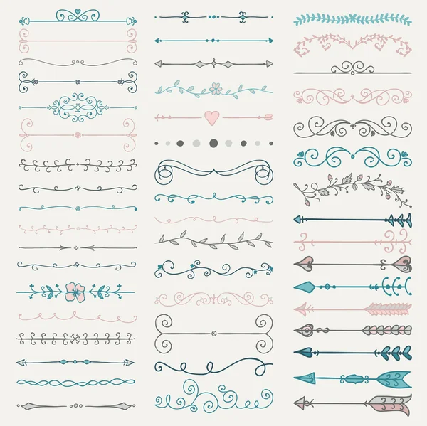 Divisores dibujados a mano coloridos del vector, flechas, remolinos — Archivo Imágenes Vectoriales