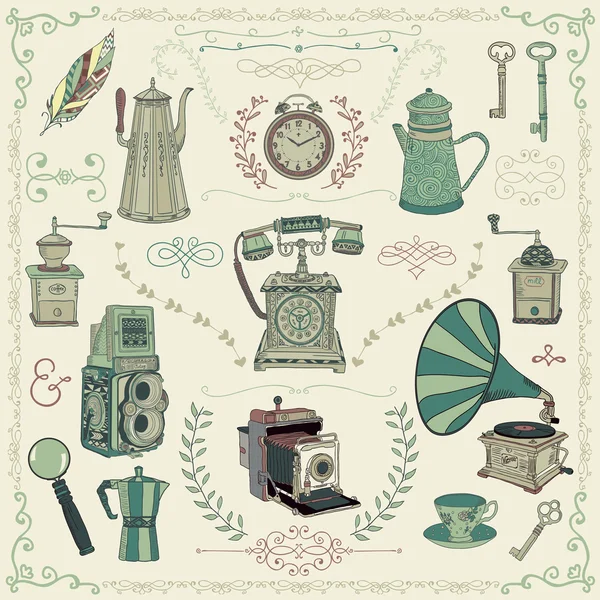 Vintage Colorful Icons, Objects and Design Elements — Stock Vector
