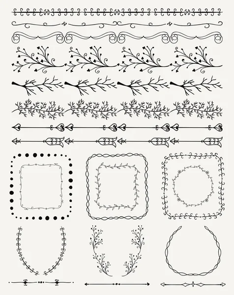 Bordes sin costura dibujados a mano, marcos, divisores, ramas — Archivo Imágenes Vectoriales