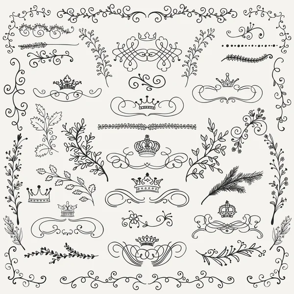 Vector Black Hand Drawn Floral Design Elements, Crowns — Stock Vector