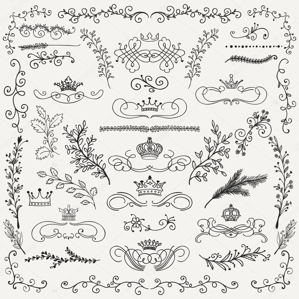 Vector Black Hand Drawn Floral Design Elements, Crowns