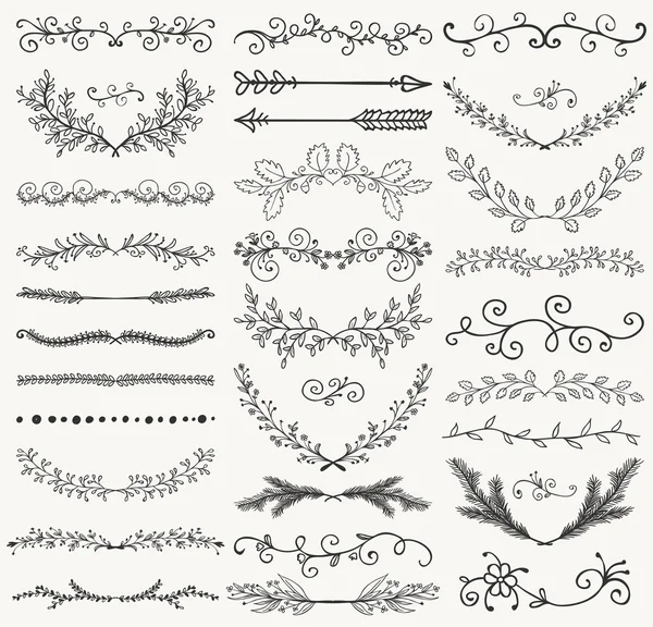 Vector Black Hand Drawn Dividers, Branches, Swirls — Stock Vector