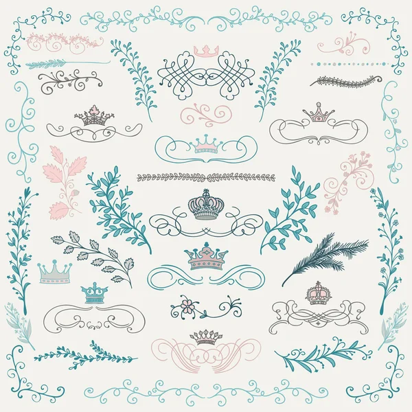 Vector Colorful Hand Drawn Floral Design Elements, Crowns - Stok Vektor