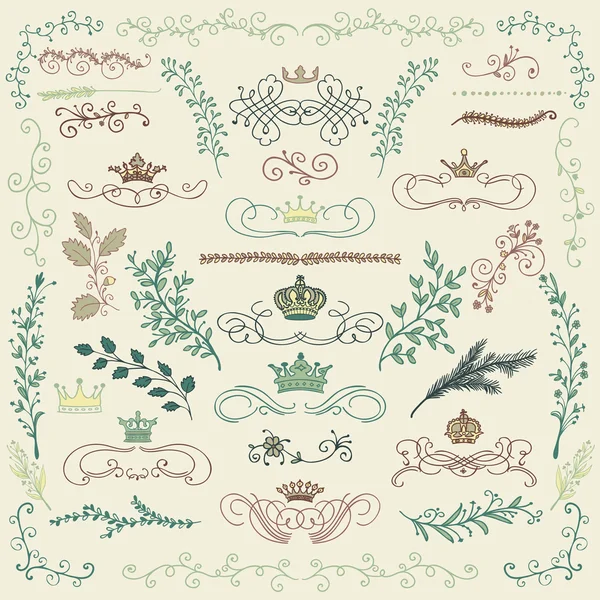 Vector Colorful Hand Drawn Floral Design Elements, Crowns — Stock Vector