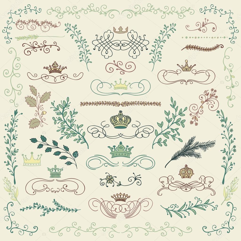 Vector Colorful Hand Drawn Floral Design Elements, Crowns