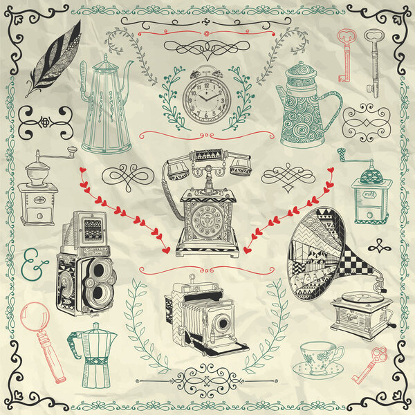 Vector Vintage Icons and Objects on Crumpled Paper