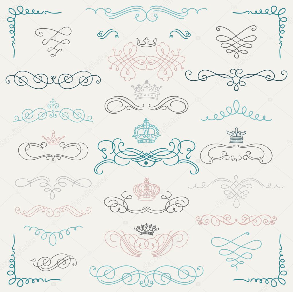 Vector Colorful Vintage Hand Drawn Swirls and Crowns