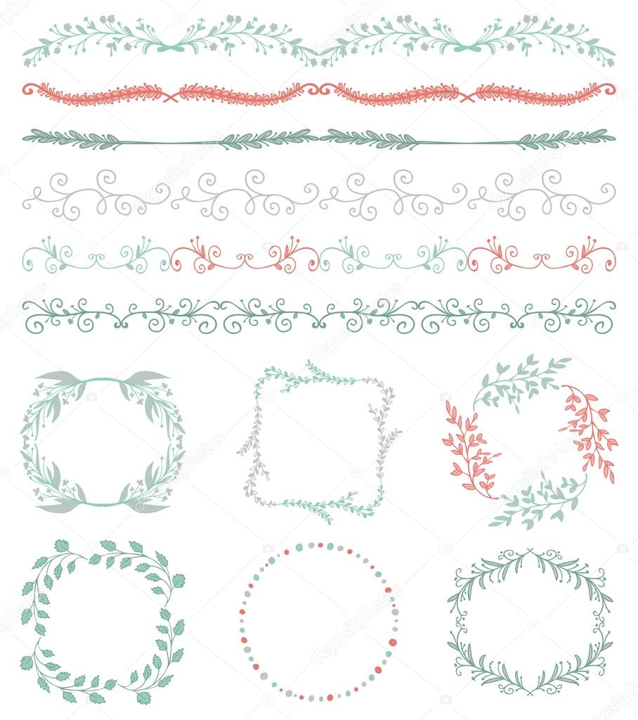 Colorful Hand Sketched Seamless Borders, Frames, Branches