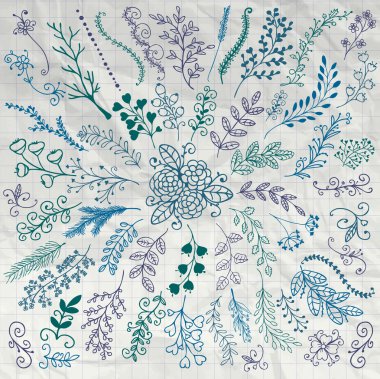 Hand Sketched Rustic Floral Branches on Crumpled Paper clipart