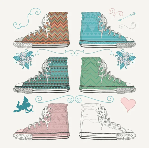 Variaciones de Sketched Sneakers. Ilustración vectorial . — Archivo Imágenes Vectoriales