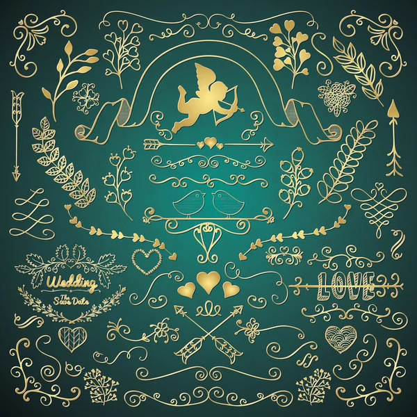 Golden Hand Sketched Rustic Floral Design Elements — Stock Vector