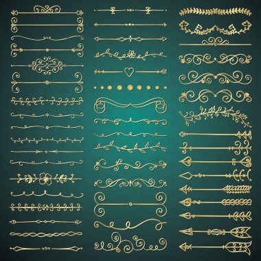 Vektör altın parlak elle çizilmiş bölücüler, oklar, Swirls