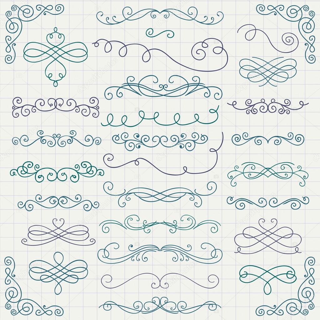 Insieme degli elementi di disegno variopinto di Doodle disegnato a mano Turbinii decorativi Scrolls testo cornici divisori angoli