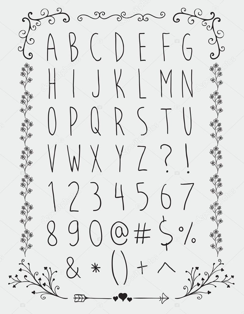 Simple Hand Drawn English Alphabet Letters and Numbers