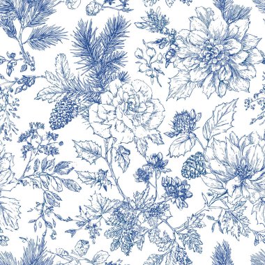 Mavi Noel Çiçeği Çiçeksiz Şablon 15 Poinsettia, Holly ve Evergreen şubeleriyle. Klasik Kış Botanik Vektörü. Detaylı noktalı noktalar, kutsal çiçekler, yemyeşil dallar, kozalak yaprakları içeren çiceksiz desenler.