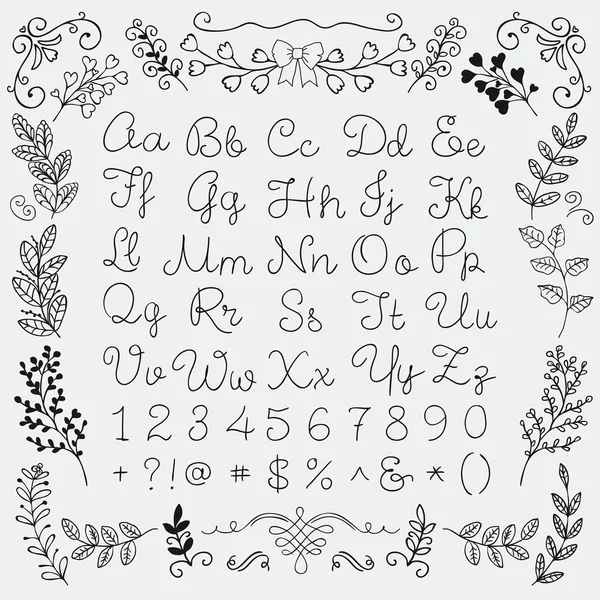 Hand Drawn English Alphabet Letters and Numbers, Florals — Stock Vector