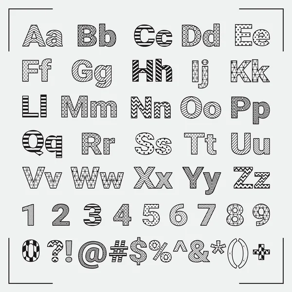 Letras y números geométricos del alfabeto inglés dibujados a mano — Vector de stock