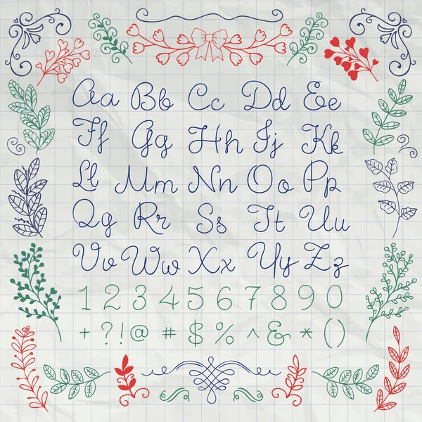 Drawn English Alphabet Letters and Numbers on Paper — Stock Vector