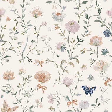 Romantik çiçekli, pürüzsüz desenli, narin el yapımı çiçekler, tuhaf kelebekler, zarif dekoratif fiyonklar. Bu yumuşak vintage esinlenmiş botanik tasarımı kumaş ve tekstil baskıları için mükemmel bir ışık, hava ve rüya gibi bir atmosfer yaratır.