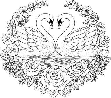 Çiçeklerle çevrili iki kuğunun bir kalp oluşturduğu romantik el nakışı, yuvarlak bir halka için Sevgililer Günü nakış deseni, dijital PDF deseni. İki zarif kuğu, yumuşak çiçekli bir çelenkle çevrili bir kalp oluşturur. Mükemmel DIY nakışçısı