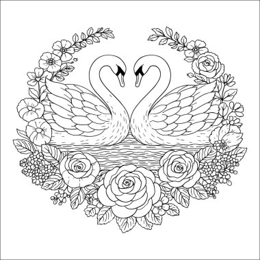 Çiçeklerle çevrili iki kuğunun bir kalp oluşturduğu romantik el nakışı, yuvarlak bir halka için Sevgililer Günü nakış deseni, dijital PDF deseni. İki zarif kuğu, yumuşak çiçekli bir çelenkle çevrili bir kalp oluşturur. Mükemmel DIY nakışçısı