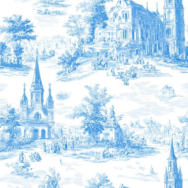 Klasik Fransız toile de Jouy 'dan esinlenilmiş kusursuz vektör deseni. Tasarımda, kiliseler, tarihi mimari, ağaçlar ve zarif bebek mavisi oyma tarzıyla resmedilmiş pastoral manzaralı romantik bir Fransız kırsal köyü yer alıyor. P