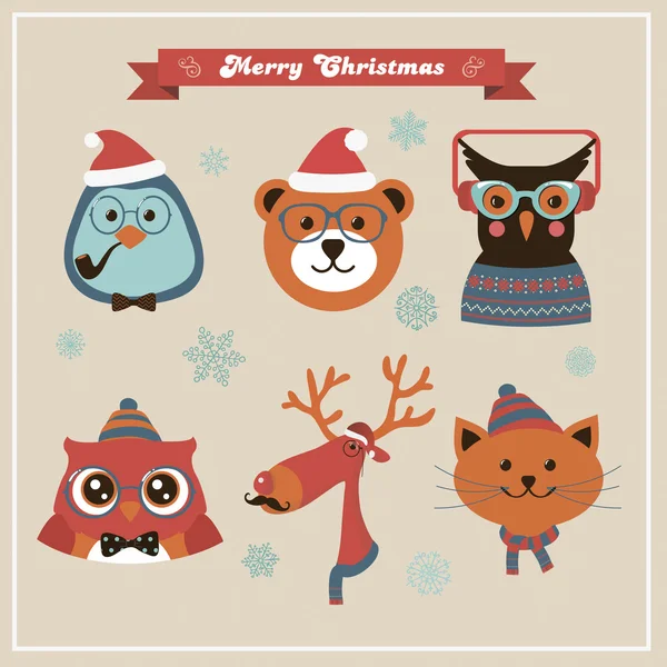 Linda Navidad Moda Hipster Animales y Mascotas — Vector de stock