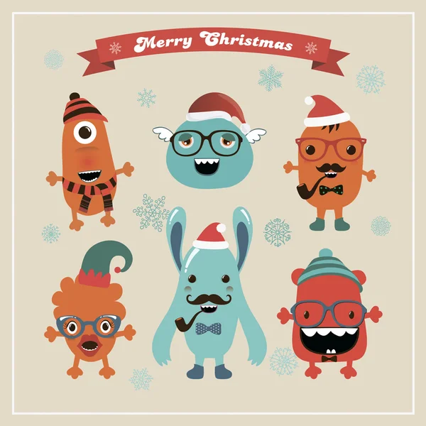 Vector lindo retro hipster Navidad monstruos conjunto — Archivo Imágenes Vectoriales