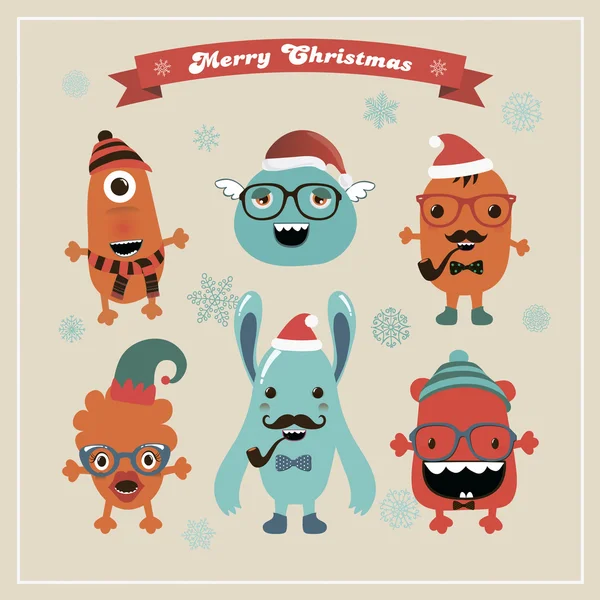 Ensemble de monstres de Noël Hipster rétro mignon vectoriel — Image vectorielle