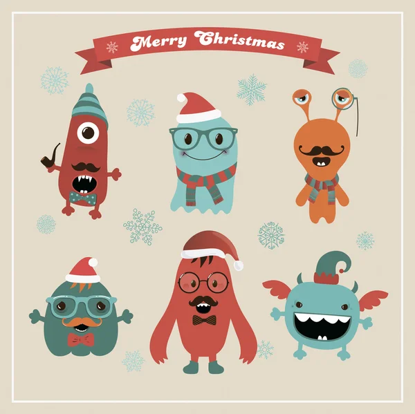 Vector lindo retro hipster Navidad monstruos conjunto — Archivo Imágenes Vectoriales