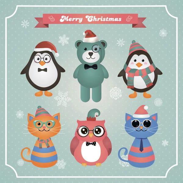 可爱的圣诞时尚时髦动物和宠物 — 图库矢量图片