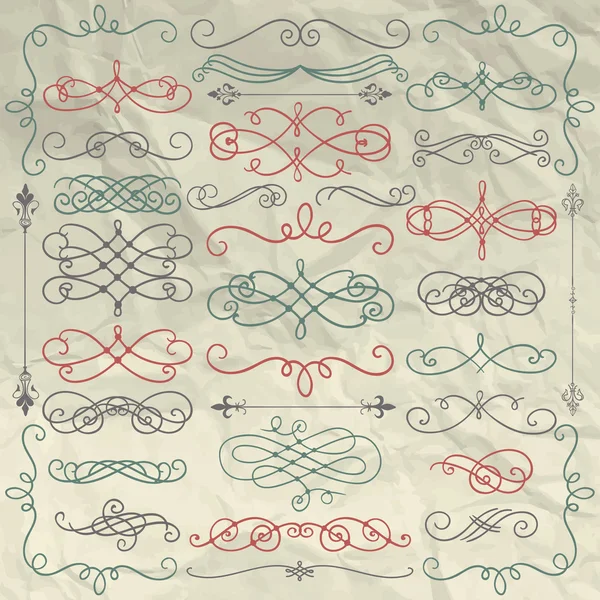 Vintage Hand Drawn Swirls Collection on Crumpled Paper — Stock Vector