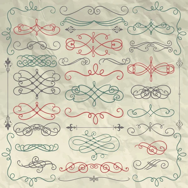 Vintage Hand getrokken Swirls collectie op verfrommeld papier — Stockvector