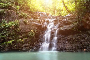 Güzel, küçük bir şelale, vahşi doğada, güneş ışığı, natur
