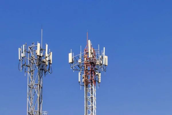 Telecommunication Tower Blue Sky White Clouds Background Satellite Pole Communication — Stock Photo, Image