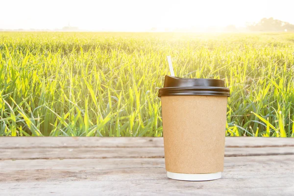 Paper cup with a lid for coffee to go on wood table,Coffee take away is on the table nature blackground,There is space for text in the backgroun