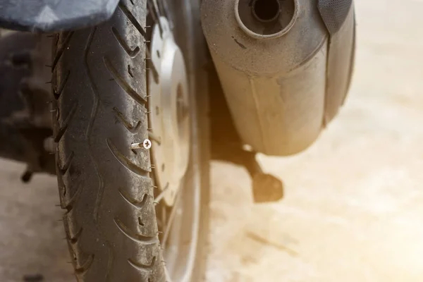Close Screw Nail Puncturing Motorcycle Tire Bicycle Tir — Stock Photo, Image