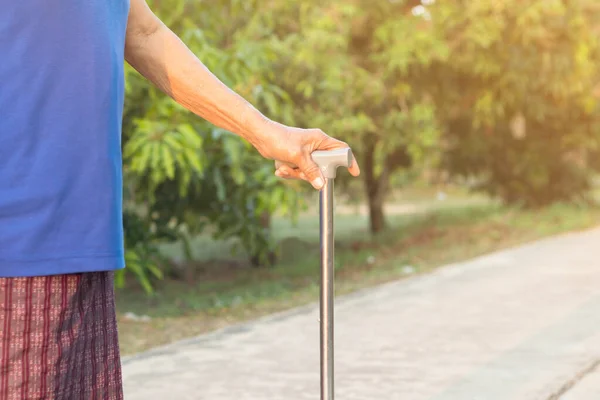 Asian Old Woman Standing His Hands Walking Stick Hand Old — Stock Photo, Image