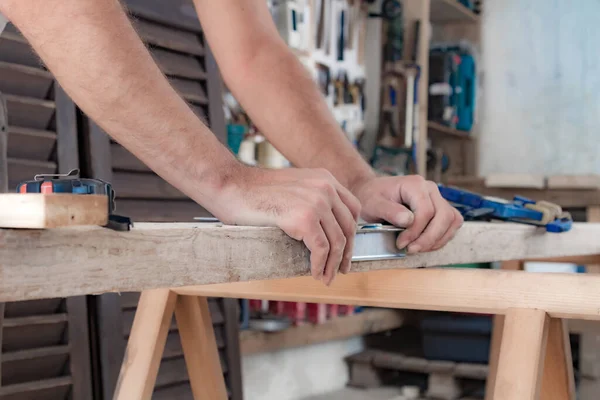 Male Carpenter Working Wood Material Garage — Stock Photo, Image
