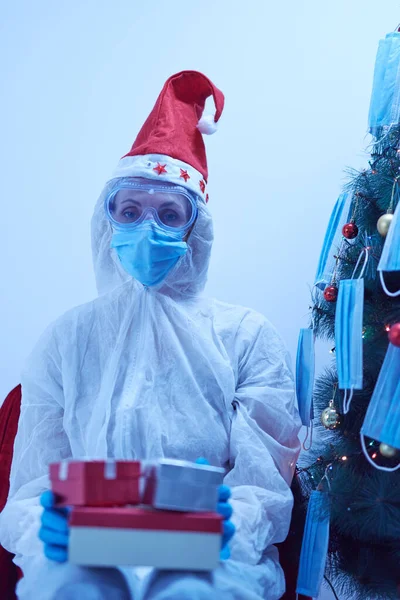Celebrating Christmas New Year Eve Quarantine Covid Coronavirus Pandemic — Stock Photo, Image