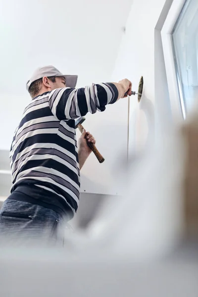 Handyman Worker Making Hole Airduct Ventilation Kitchen — Stock Photo, Image