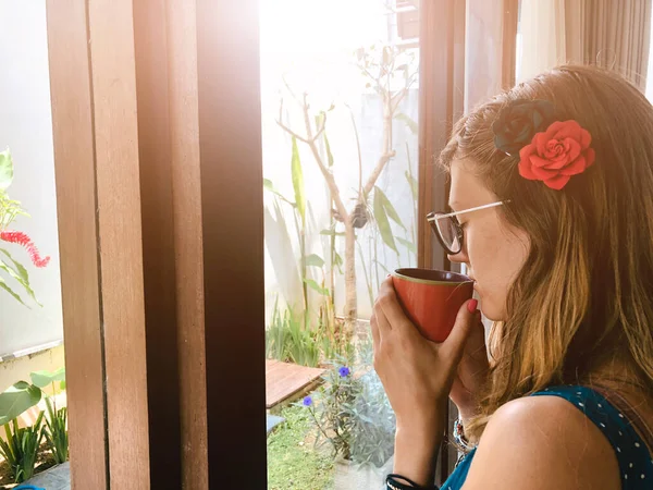 Woman Drinking Coffee Looking Throughout Window — Stock Photo, Image