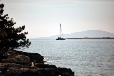 Yelkenli tekne ve ufukta mavi okyanus suyu.