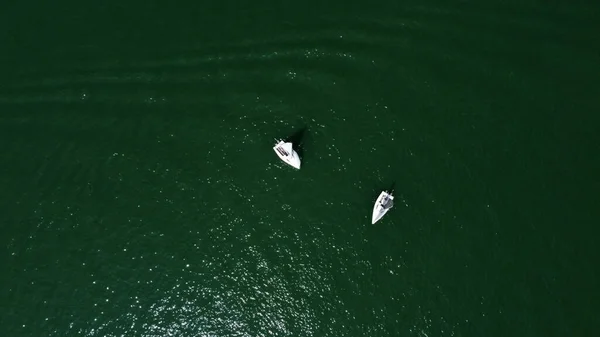 Nehirdeki Yelkenli Teknenin Hava Aracı Görüntüsü — Stok fotoğraf