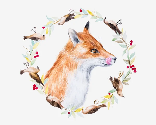 Illustration aquarelle d'un renard dans une couronne fleurie — Photo