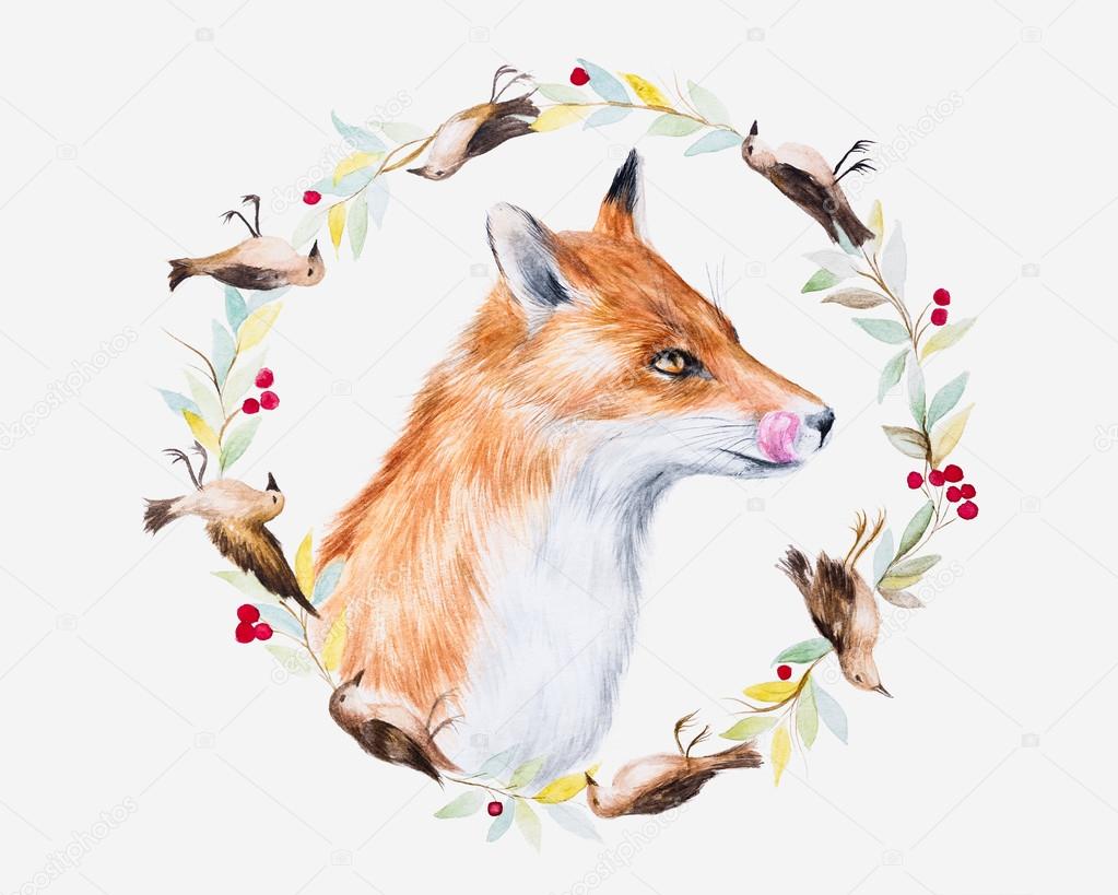 Watercolor illustration of a fox in a flowerly wreath