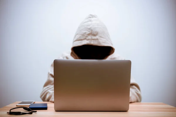 Joker Shadows Uses Laptop Steal Information Stock Image