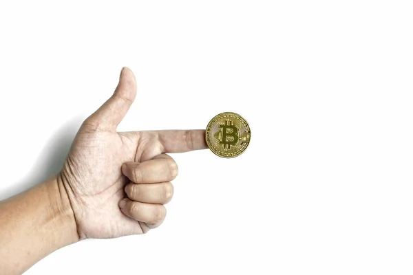 Uma Foto Homem Apontando Para Bitcoin Ouro Fundo Branco — Fotografia de Stock